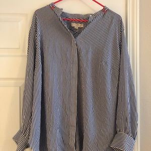 LOFT collarless blouse blue/white stripes